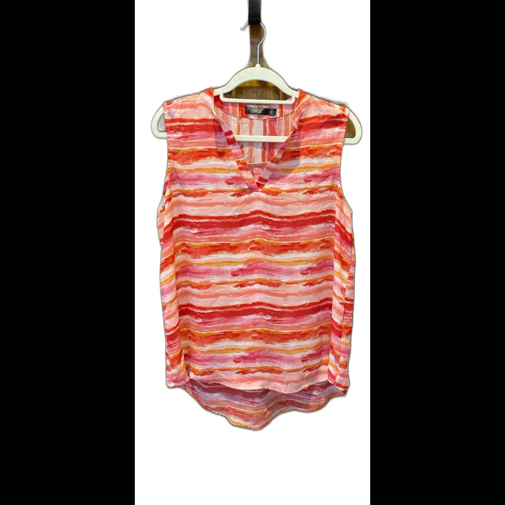 Cure Blouse Size Large Sleeveless Pink Orange V Neck Hi low Hem Sheer‎ Cool
